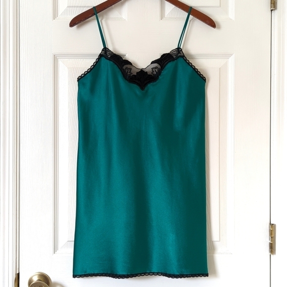Lady Manhattan 80's Vintage Satin Lace Trim V-neck Mini Slip Dress Green Black S - Picture 1 of 12